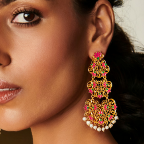 Goddess Lotus Statement Earrings In Hot Pink Enamel